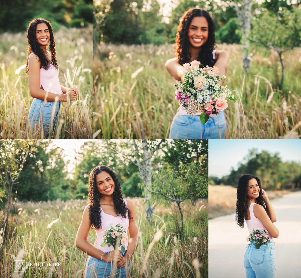 high school senior girl holding flowers for her senior photo shoot